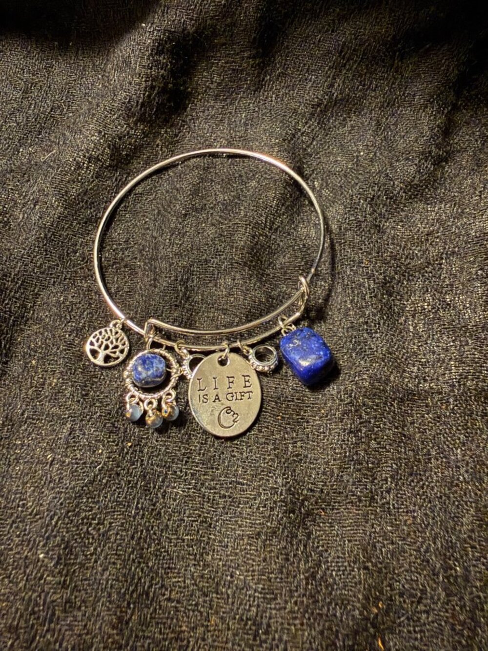 New Adjustable Bangle Bracelet With Lapis Azul Stones & Inspirational Charms